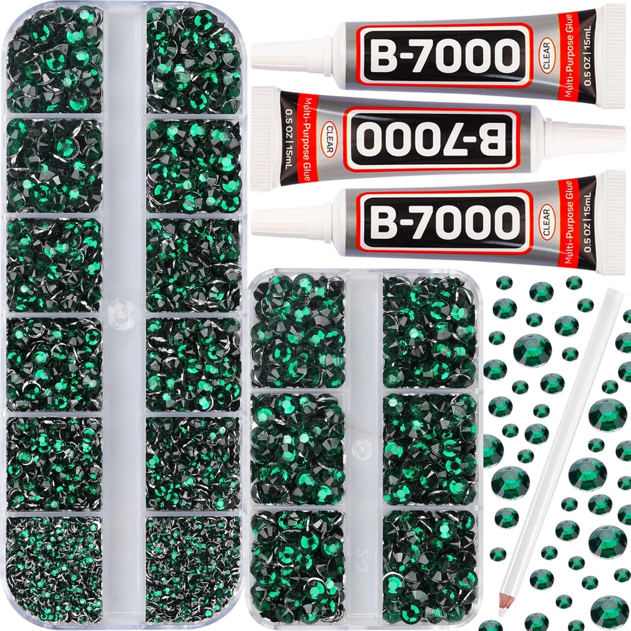 Adhesive Glue for 7,500pcs Emerald Green Rhinestones – Mixed 2/3/4/5mm Flatback Gems for DIY Crafts, Clothing, Fabric, Football, and Bedazzling Projects